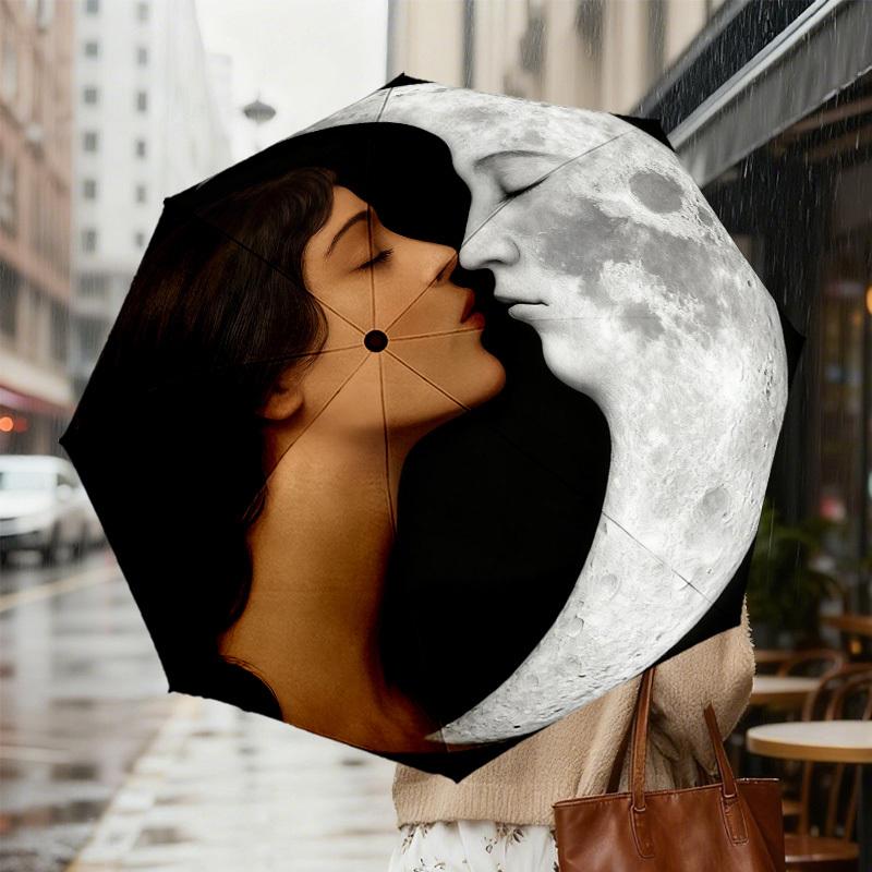 1pc Moon Kiss Automatic Folding Umbrella, Heavy Duty 8 Rib Iron Frame, Suitable for Travel, Daily Use, Birthday, Decor Gift m0104097