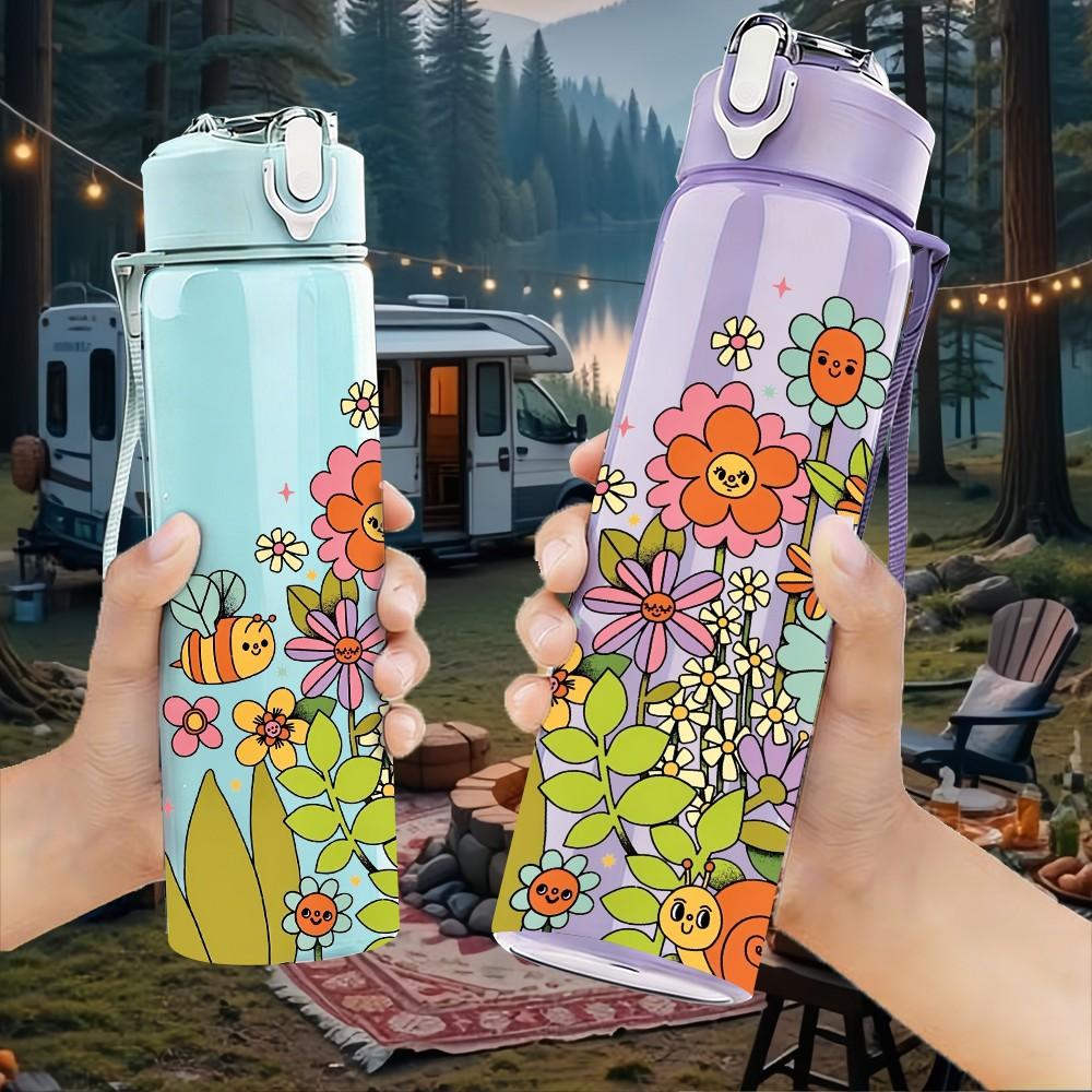 1PC Boho Wild Flower Art 750ml Color Plastic Sports Water Bottle Leakproof Flip Straw Lid Suitable for Sports Office Home Use