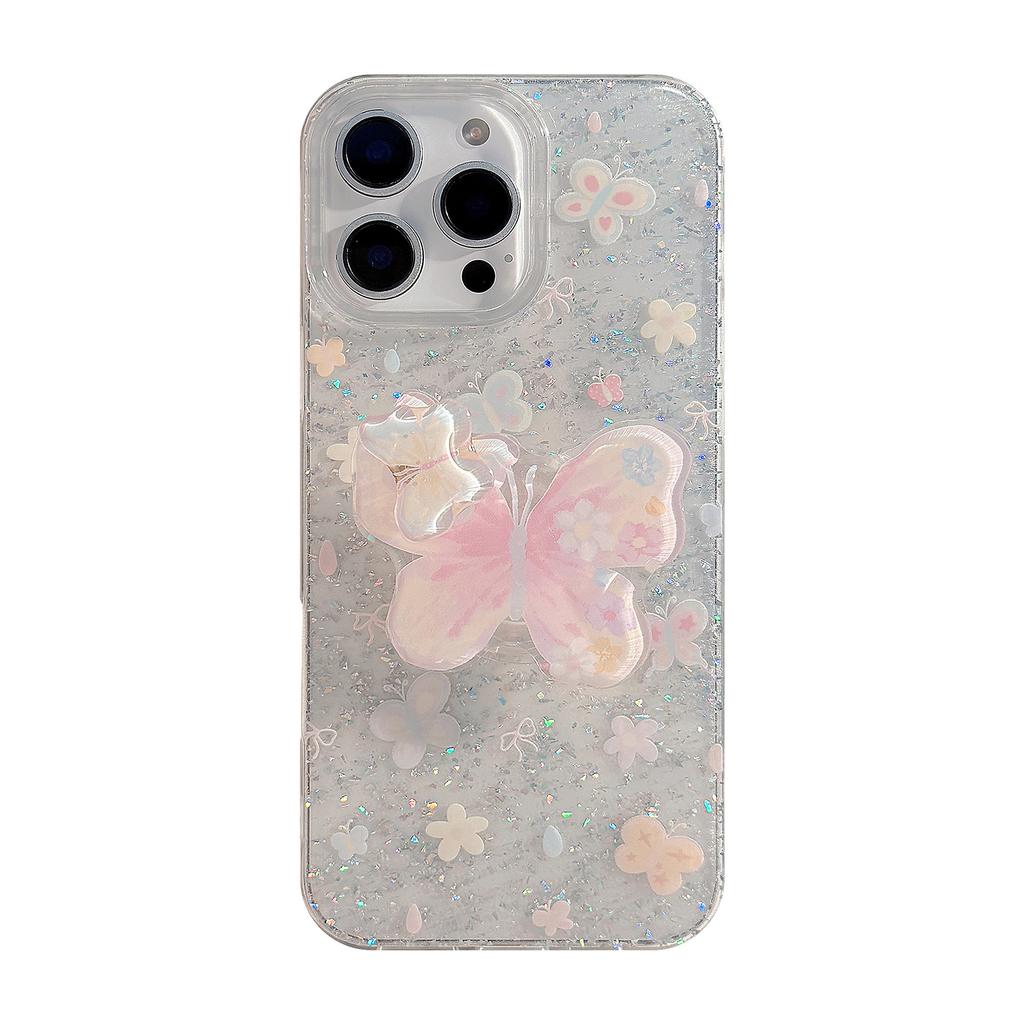 Suitable for Spring and Summer Apple 17pro Max Mobile Phone Case 16 Glitter Powder Iphone14 Butterfly Rotating Bracket 13 Hard