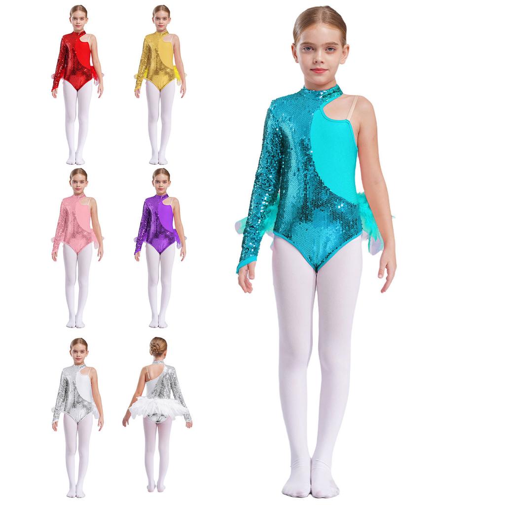 Mädchen Glitzernde Pailletten Tanzleotard Feder Tüll Rockdesign Asymmetrische Schulter Langarm Mock Neck Body