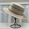 French Temperament Belt Hollow Flat Top Raffia Hat Women's Summer Sun Protection Visor Elegant Vacation Woven Top Hat