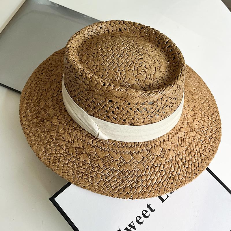 Fresh Hat Women'S Summer Versatile Straw Hat Beach Vacation Sunscreen Hat British Straw Woven Flat Top Jazz Hat