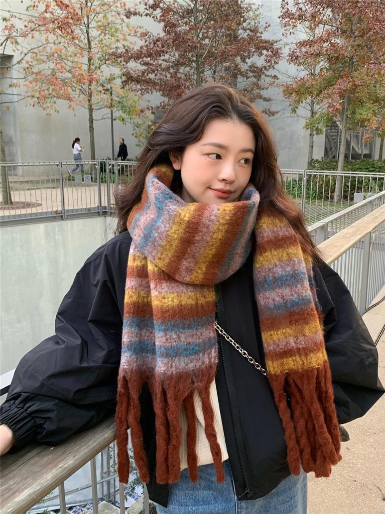Autumn atmosphere~ Korean light luxury retro striped scarf mohair fringed scarf women's winter cold-proof versatile shawl