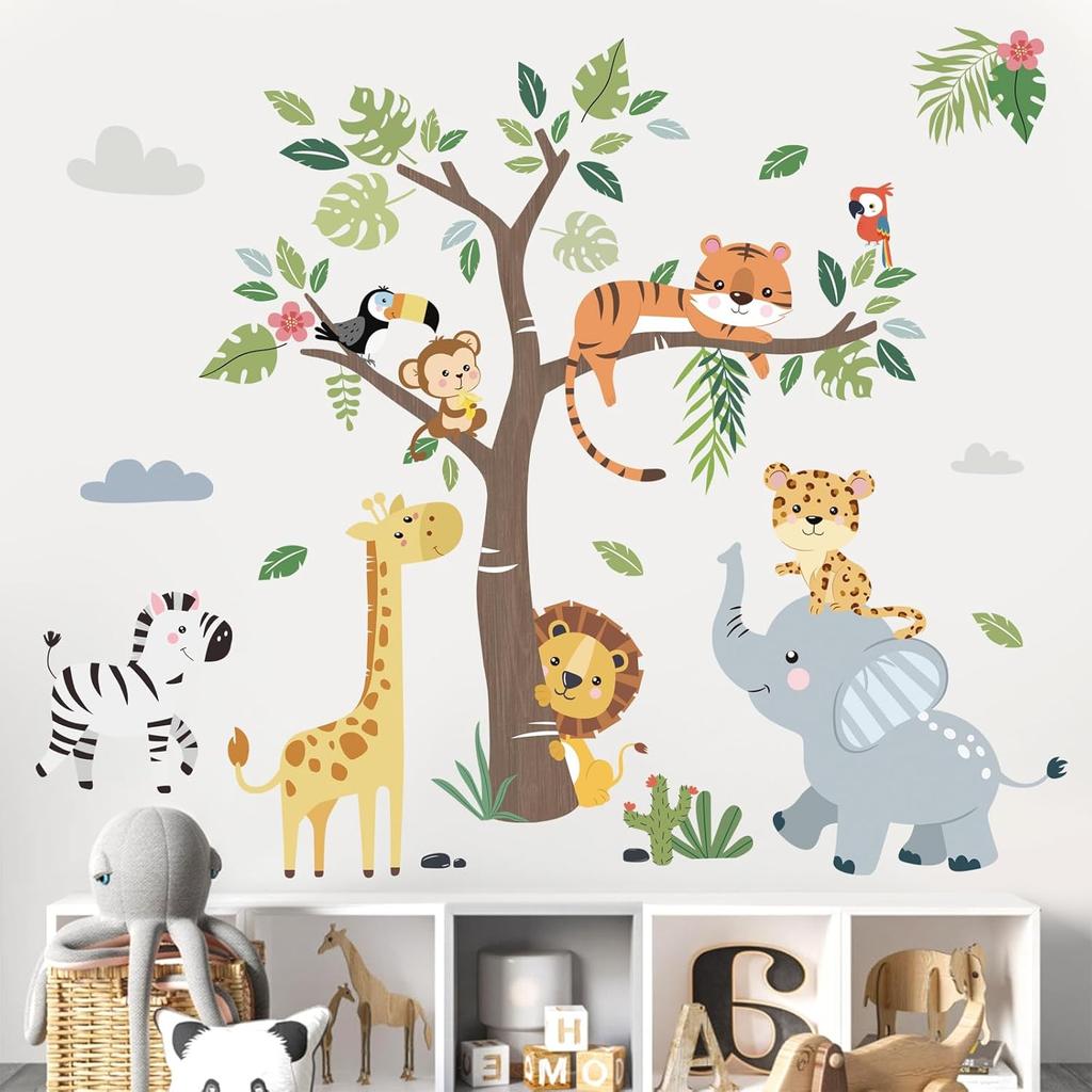 Jungle Animals Tree Wall Decals - Elephant Giraffe Lion Safari Stickers For Kids Room