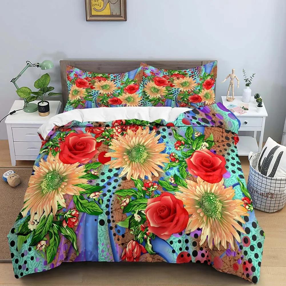 Vintage Květinový Král Královna Povlak na Peřinu Pivoňka Slunečnice Ložní Sada Tropický Květinový Povlak na Přikrývku Boho Polyesterový Povlak na Přikrývku