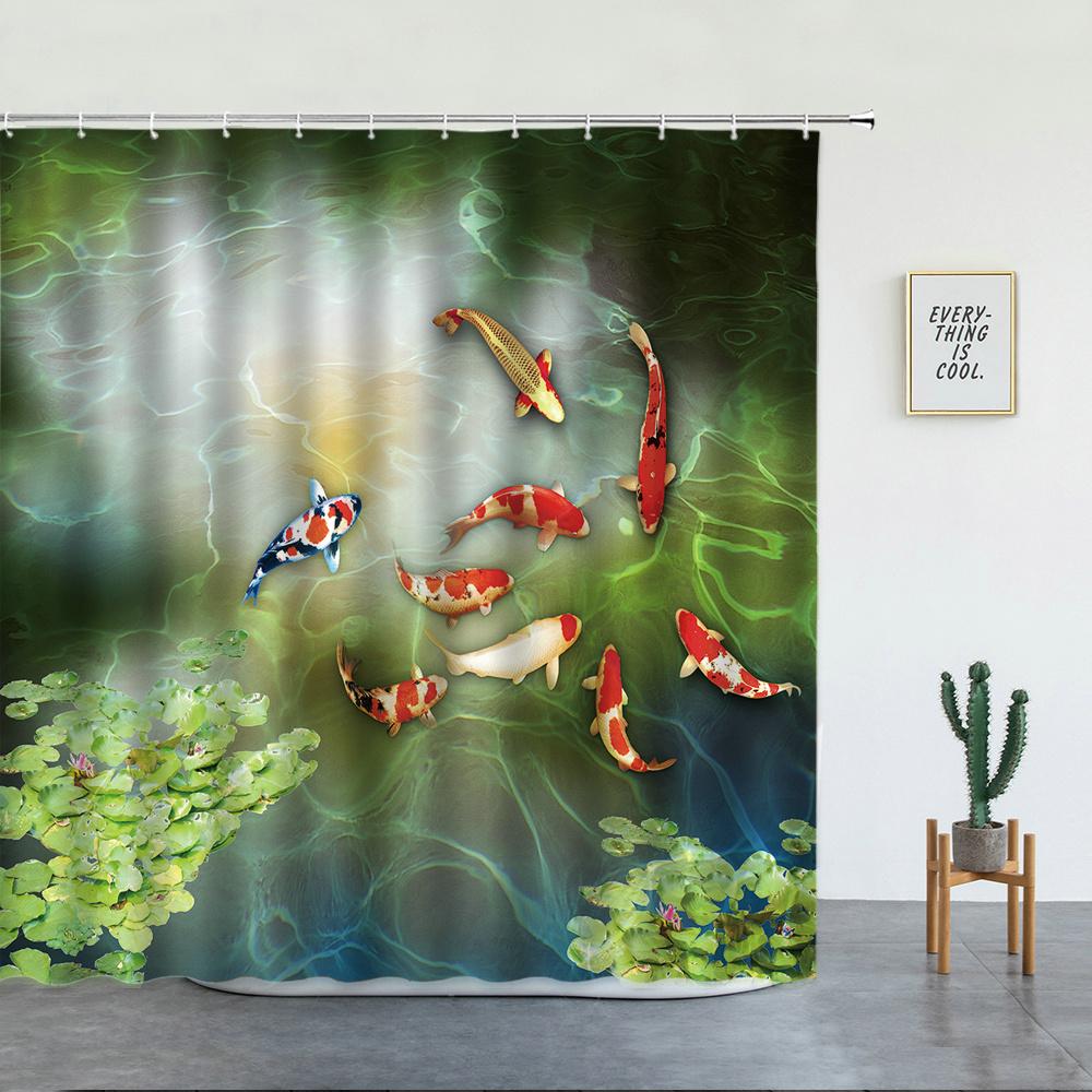 Japanese Scenery Shower Curtains Koi Carp Fish And Cherry Blossom for Bathroom Decor Set Washable Fabric Bath Screen With Hooks