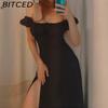 BITCED Spring/Summer Long Dress Women's Commuter Puff Sleeve Tie-Waist Slit Dress