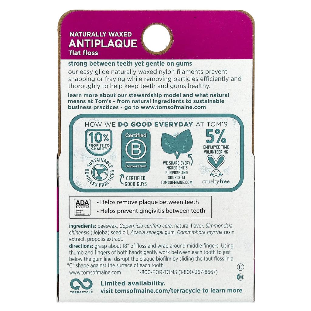 Tom'S Of Maine, Natural Waxed Anti-Plaque Flat Floss, Spearmint, 29M(32Yd)