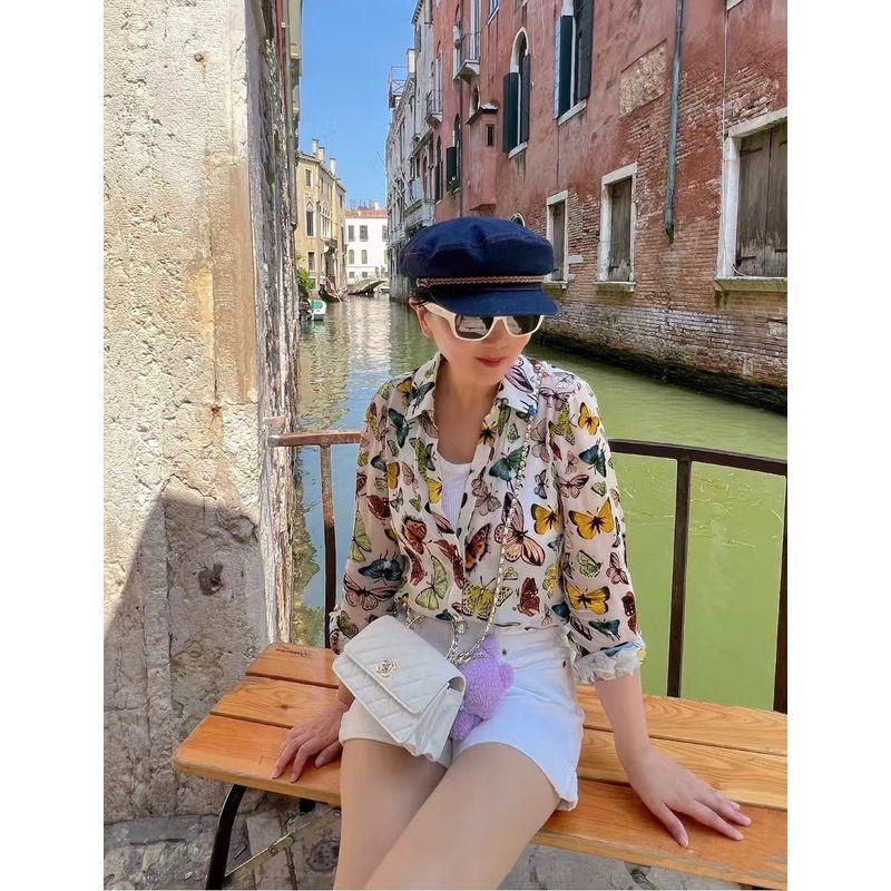 

AO Silk Burning Flower Shirt Vacation Style Butterfly Print Loose Long Sleeve Shirt Women Color L