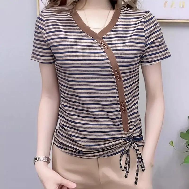 Striped V-neck T-shirt Korean Summer Style Slanted Button Irregular Hem Fashionable Shirt Slim Drawstring Top Women