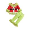 Children's Christmas Costume: Fluffy Long-Sleeve Top & Green Pants Set