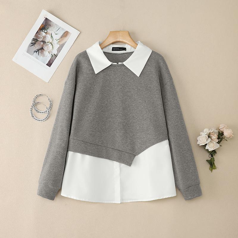 

ZANZEA Women Turn Down Collar Long Sleeve Patchwork Pullover Thin Sweatshirt