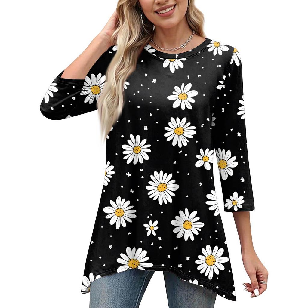 Women's Fashion Casual O-Neck 3/4 Sleeve Loose Printed T-Shirt Ladies Top