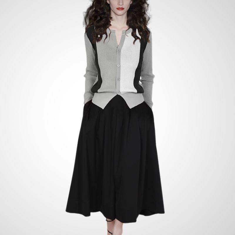 

Осень 2025 Новое поступление Контрастный цвет Трикотаж Черная юбка Костюм-двойка Нарядный Элегантный Французский модный костюм Black and white ash + Black S