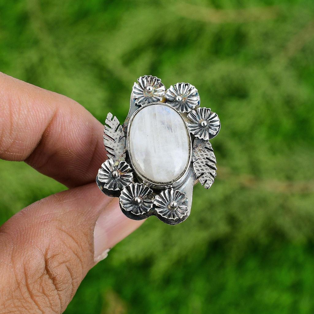 Natural Rainbow Moonstone Gemstone Statement Flower Adjustable Ring 925 Silver