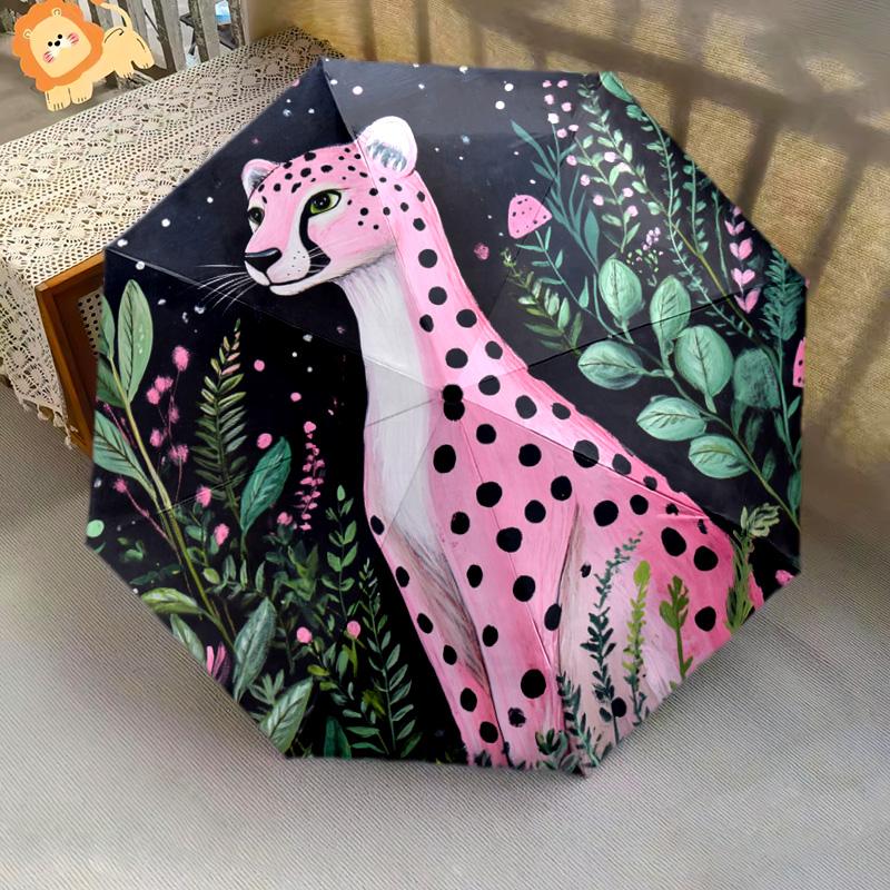 1 PC Automatic Folding Umbrella - Pink Leopard Pattern, Portable & Foldable Design with 8 Ribs, Christmas Birthday Gifts