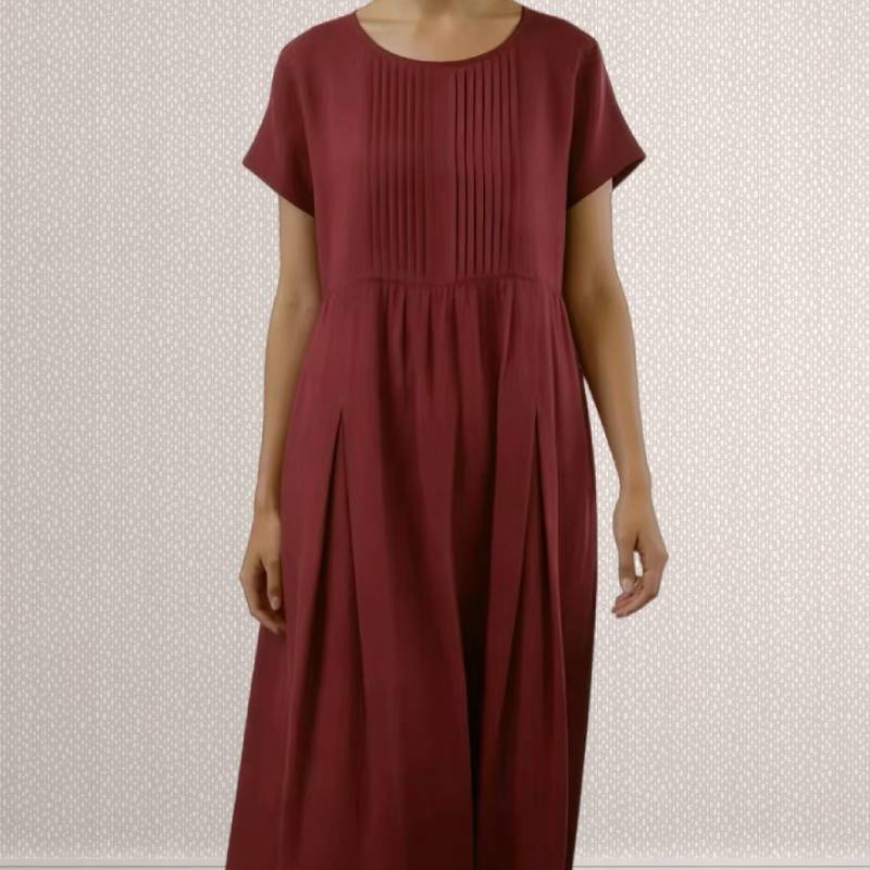Cotton Linen Pleated Midi Dress With Loose Waist For Casual Wear