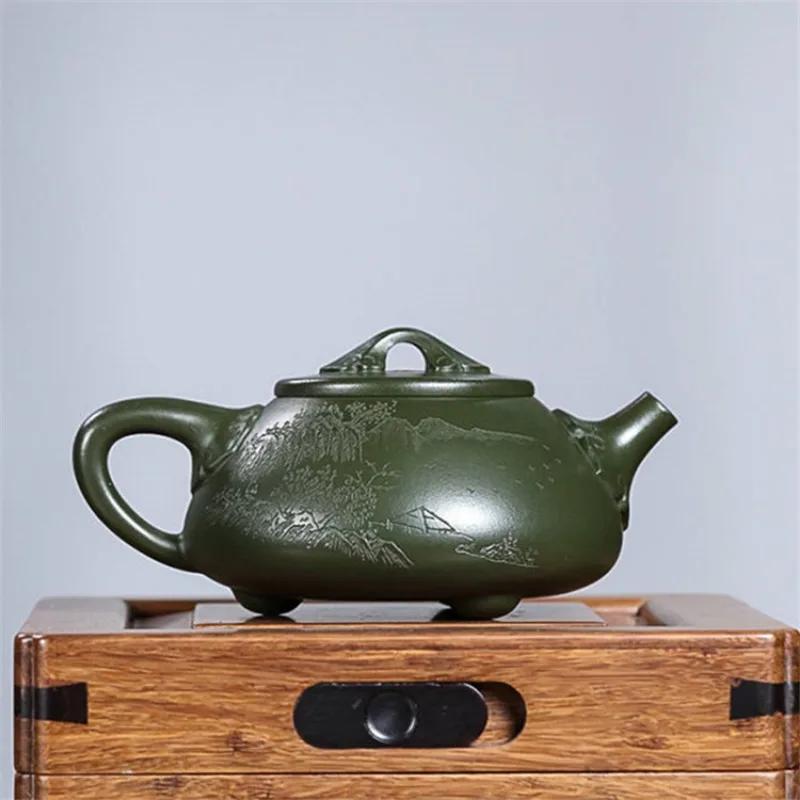 Yixing Original Mine Green Clay Handmade Carved Purple Clay Teapot Landscape Ruyi Stone Ladle Purple Sand Pot Chinese Teapot