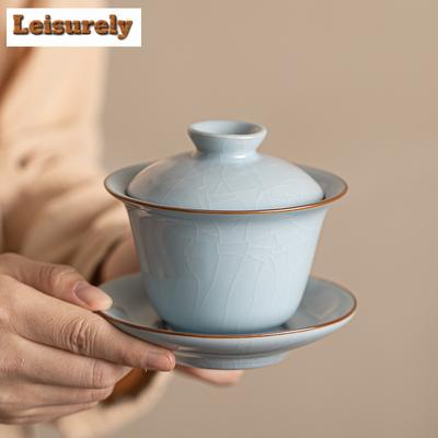 160 ml Handamde Ru Kiln Keramik Gaiwan Kann Nähren Gold Draht Vintage Tee Terrine Haushalt Tee Machen Abdeckung Schüssel Tee Artikel Handwerk