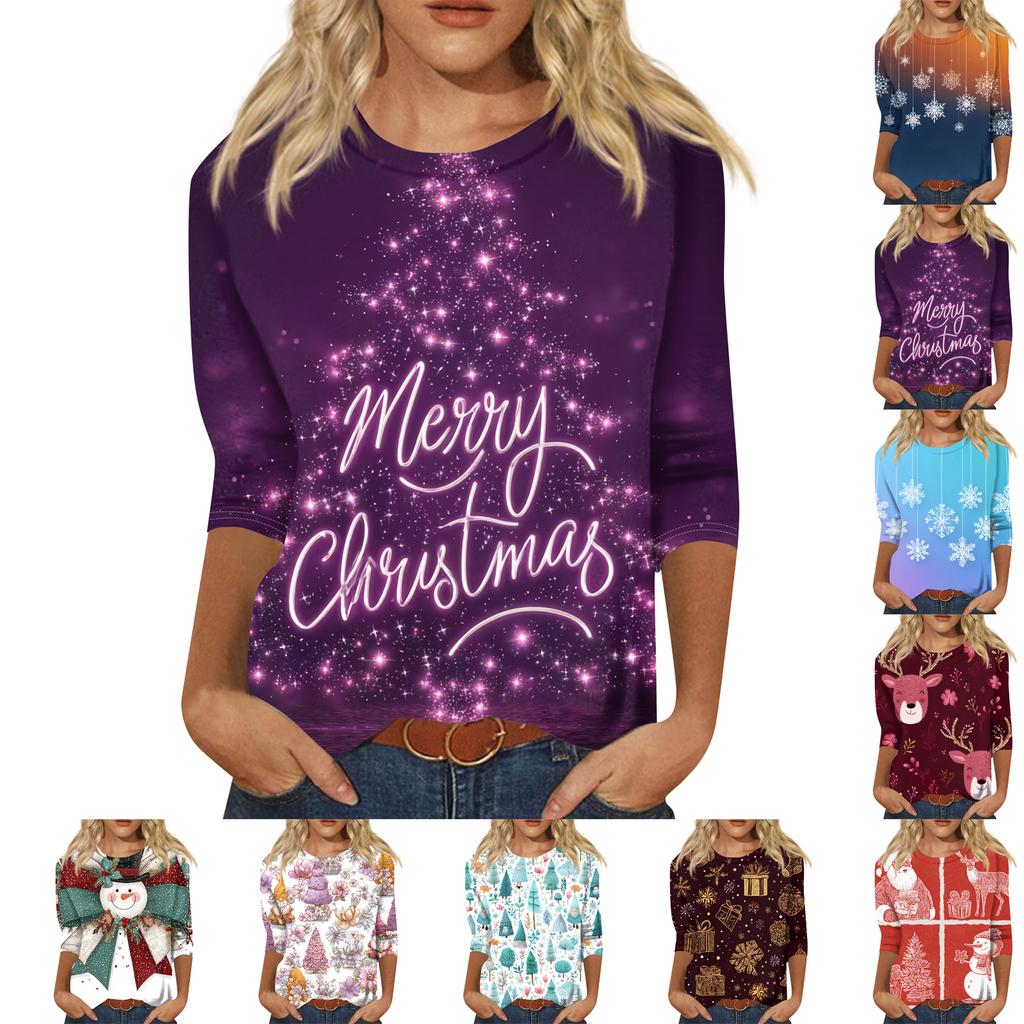 Lässiges Damen-T-Shirt mit Rundhalsausschnitt, Dreiviertelärmeln und Weihnachtsmotiv