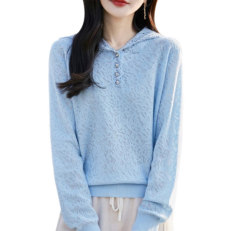 Women's French-Style Lace Fine-Knit Wool Hooded Sweater