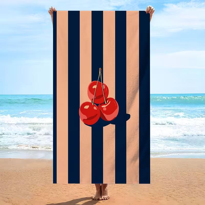 Süßes Kirschmuster Strandtuch Blau Weiß Diagonal gestreiftes Badetuch Schnelltrocknend Saugfähig Sandfreies Handtuch für Erwachsene Strandnutzung