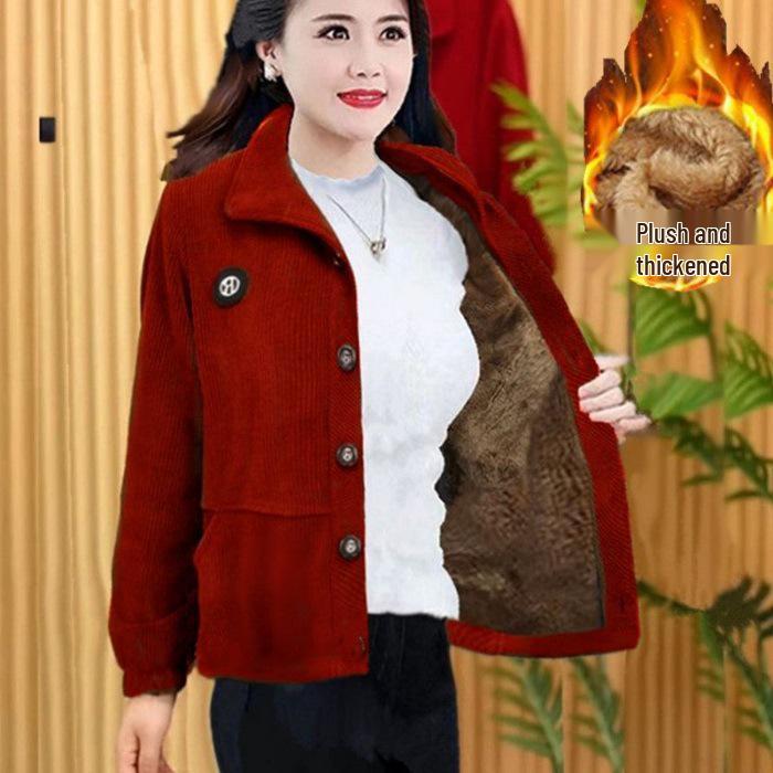 Herbst Cord Samt Quadratischer Ausschnitt Jacke für Influencer Mütter – Lockere Passform, Bauchbedeckendes Casual Oberteil für Mittelalte und Ältere