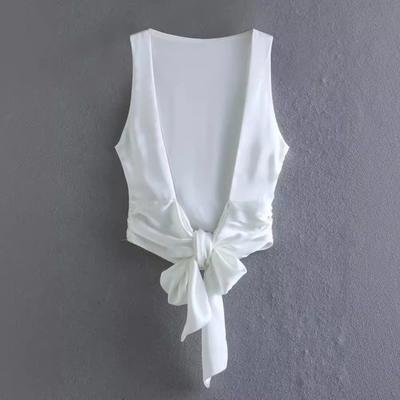 Women Summer Vest Round Neck Sleeveless Backless Smooth Satin Texture Vest Top with Bow Tie Closure Tank Tops