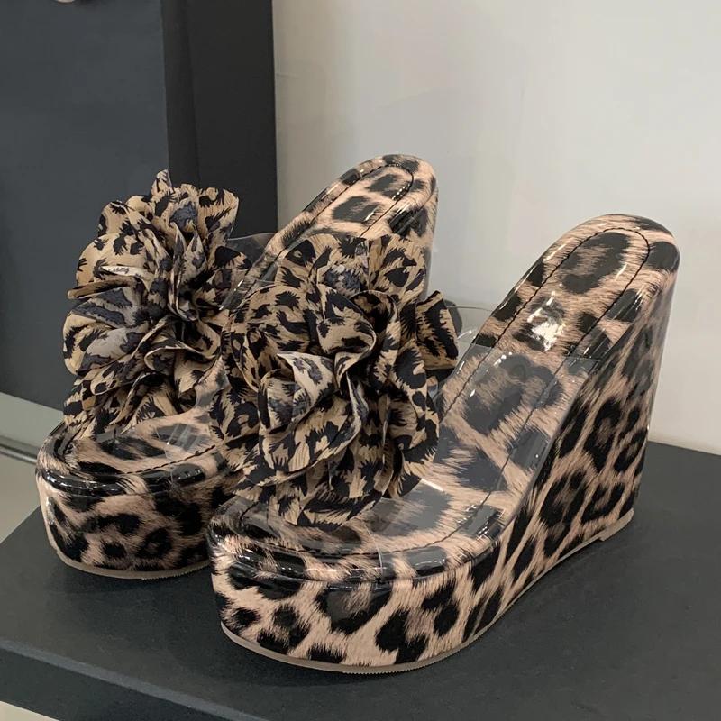 Fashion Eilyken Fashion PVC Transparent Platform Wedges Heels Women Slippers Design Flower Leopard Print Open Toe Shoes