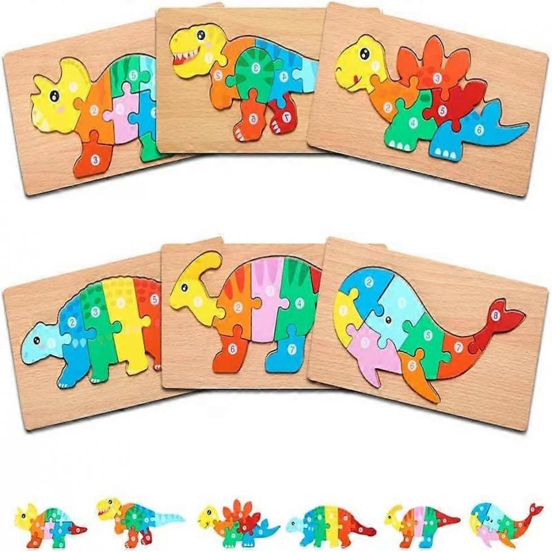 6 Pack Animals Wooden Puzzles for Kids Ages 3-5,Cute Dinosaur Whale Toddler Gift Preschool Game Puzzle,Cartoon Shapes Numbers Learning Developmental E