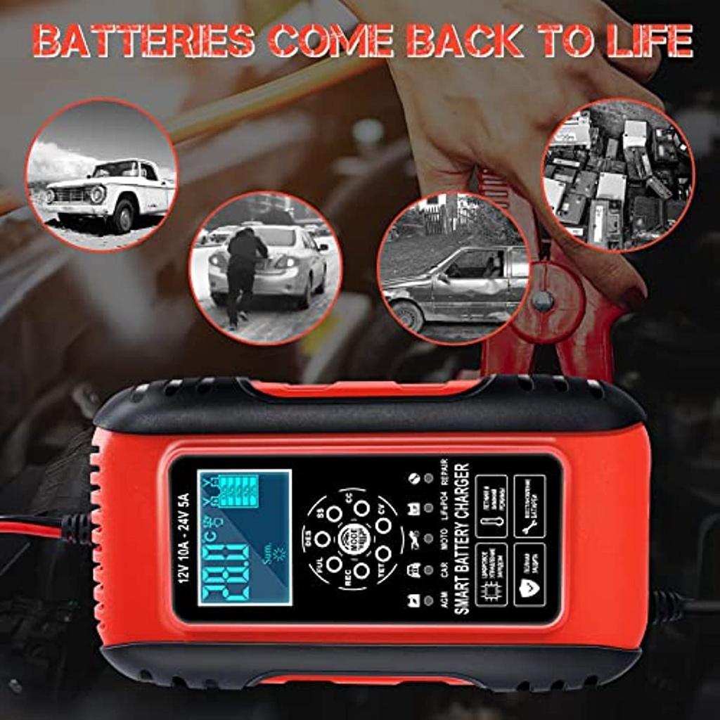 Battery Charger 10A 12V/24V Battery Charger Battery Battery Battery Car Moto Full Automatic Lcd Touch Screen Multiple Protections For Lead Acid Batte