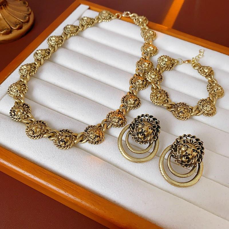 Vintage Löwenkopf Anhänger Halskette Set Mit Ohrringen Armband Damen Goldfarbene Legierung Retro Chic
