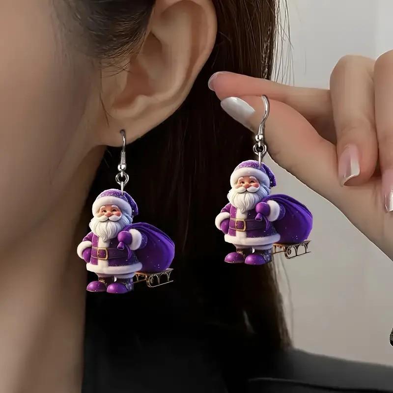Winter Purple Santa Acrylic Earrings With Creative Design For Christmas Decor