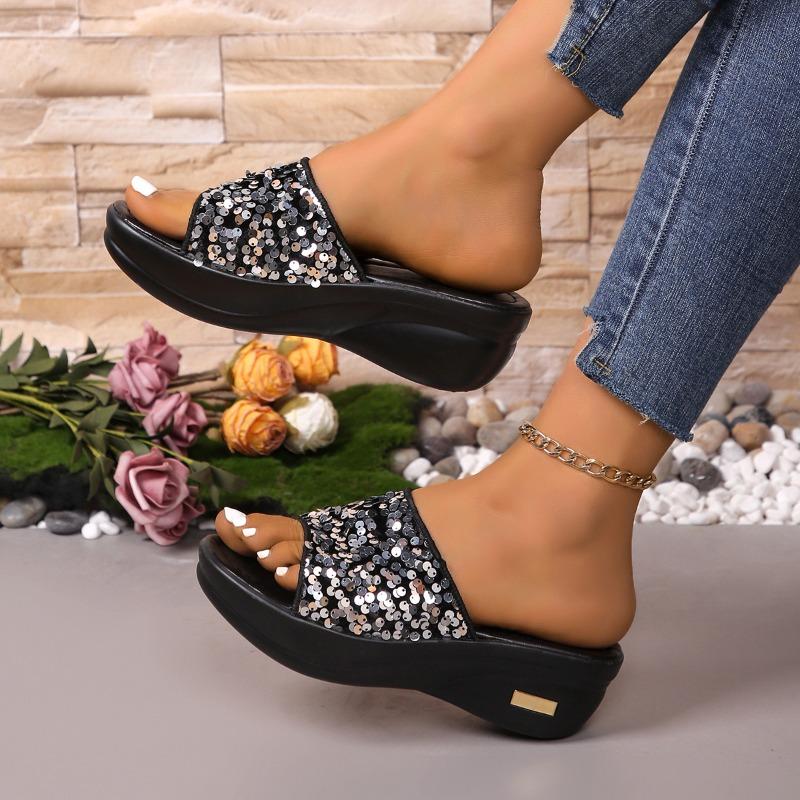 Thick-bottomed cool slippers for women's outer wear summer new fashion slope heel one-word drag for women's casual sequins beach sandals