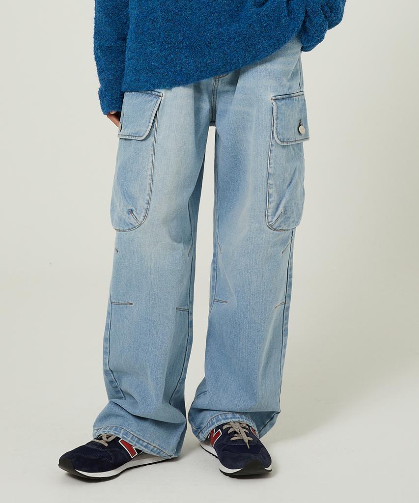 WAIKEI Parachute Cargo Washed Denim Pants Light Blue