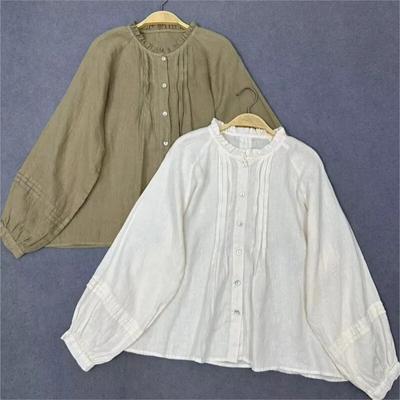 Vintage Shirts Women Spring Summer Ruffles Collar Solid Color Loose Pleated Casual Blouses