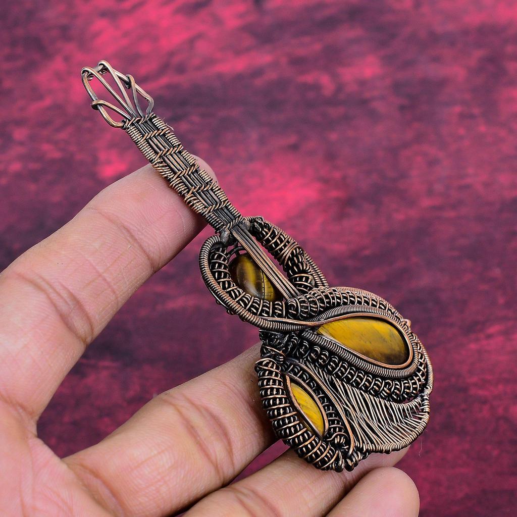 Tiger's Eye Gemstone Pendant Copper Wire Wrapped Jewelry Handmade Guitar Pendant