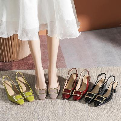 Fashion Korean Style Fashion Square Head Patent Leather Sandals with Shallow Mouth Square Buckle Women Heeled Sandals Zapatos De Mujer