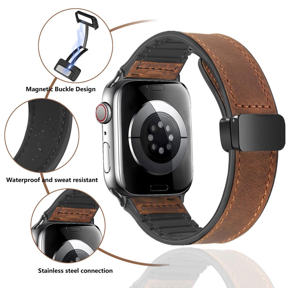 Leather+Silicone Strap for Apple Watch Band Ultra 49mm 44mm 45mm 41mm 46mm 40mm 42mm Magnetic Bracelet Iwatch Series 10 9 8 7 6