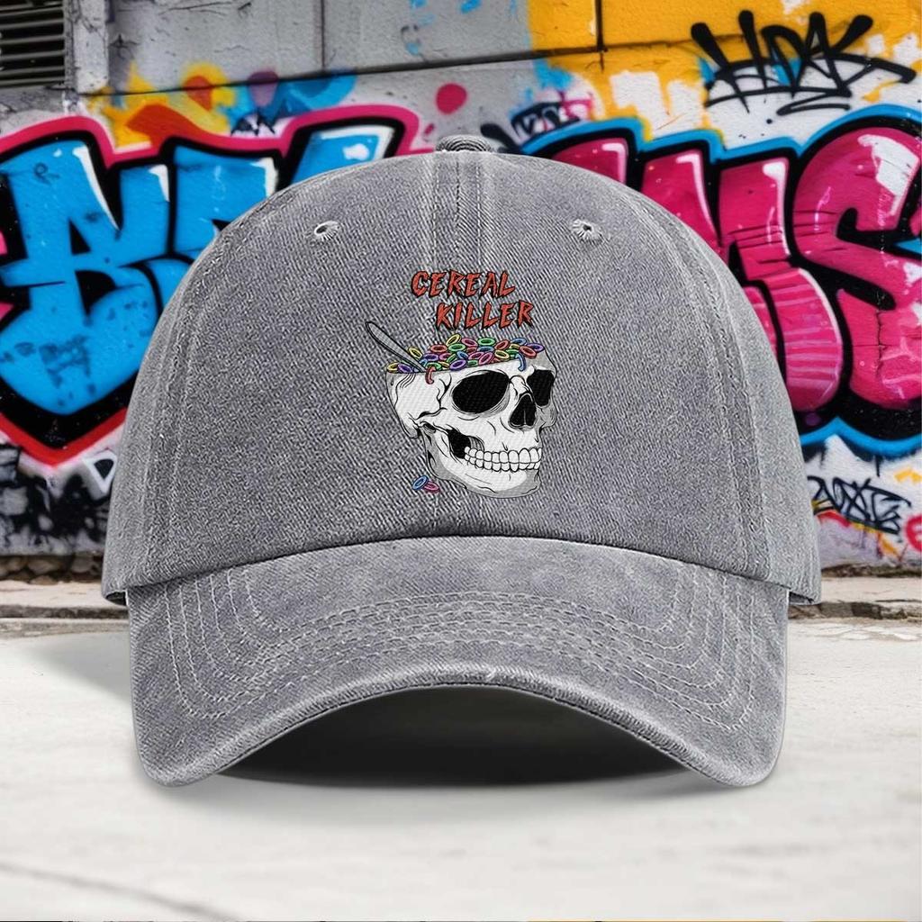 Cereal Killer Skull Graphic Washed Baseball Cap Funny Adjustable Cotton Outdoor Dad Hat