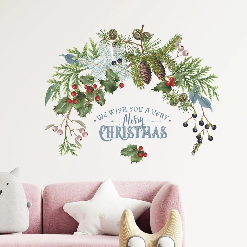 Green Plant Pine Cones Branch Wall Stickers Christmas Decoration  New Year Decor Glass Window Door Posters Home Mural Vinyls