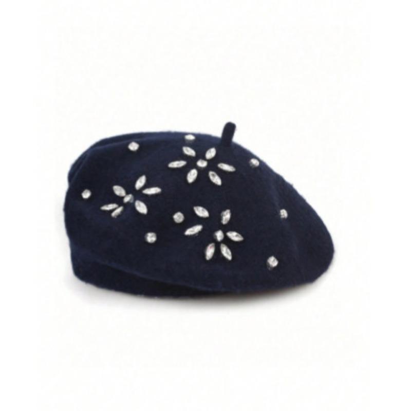 Vintage Wool Beret Flower Rhinestone Decor Women Autumn Winter Hat Multi Color
