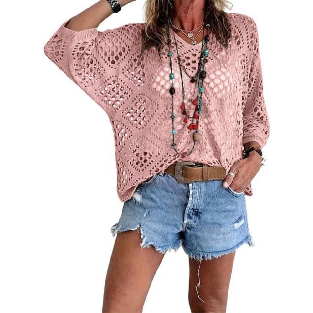 Women Spring Summer V-neck Diamond Hollow Out Batwing Sleeve Knit Sweater Loose Cover Up Blouse