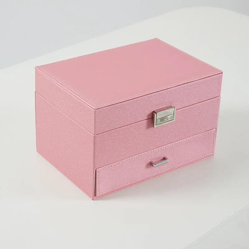 Handgehaltene Schmuckschatulle mit drei Schubladen, Aufbewahrungsbox für Ohrringe, Ringe und Halsketten, Schmuckvitrine aus PU-Leder mit Sicherheitsschlüsselschloss