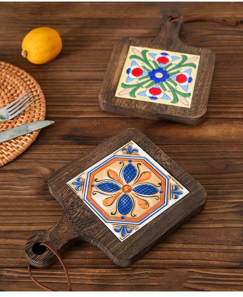 High-Temperature Resistant Ceramic Insulation Pad with Retro Wood Tile Design for Dining Table Casserole Protection