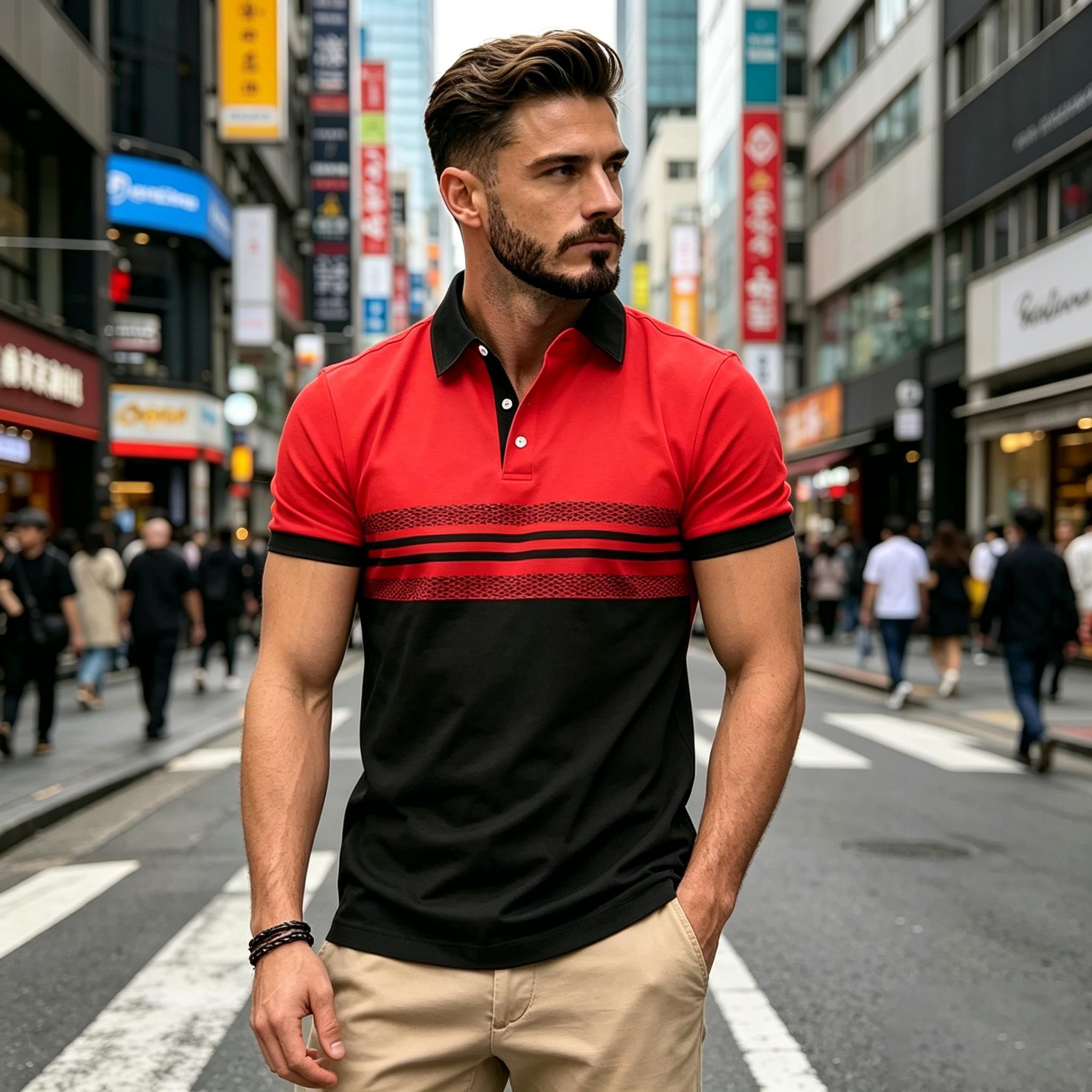 Men s Casual Striped Color Block Short Sleeve Shirt S красный