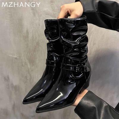 Mode Leder Damen Schnee Mid-Calf Stiefel Spitzschuh Mittelhohe Absätze Schuhe Frau 2025 Trend Winter Fad Chelsea Boots Pumps Neu Mujer Botas