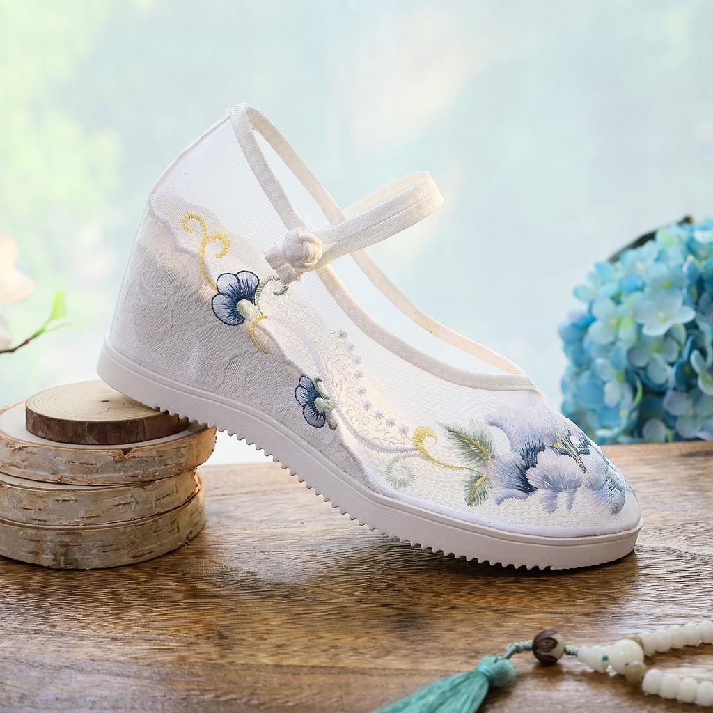 Mesh Lingyue, New Inner Height Increase Round Head Old Beijing Cloth Shoes for Women with Hanfu High Heel Platform Embroidered Shoes