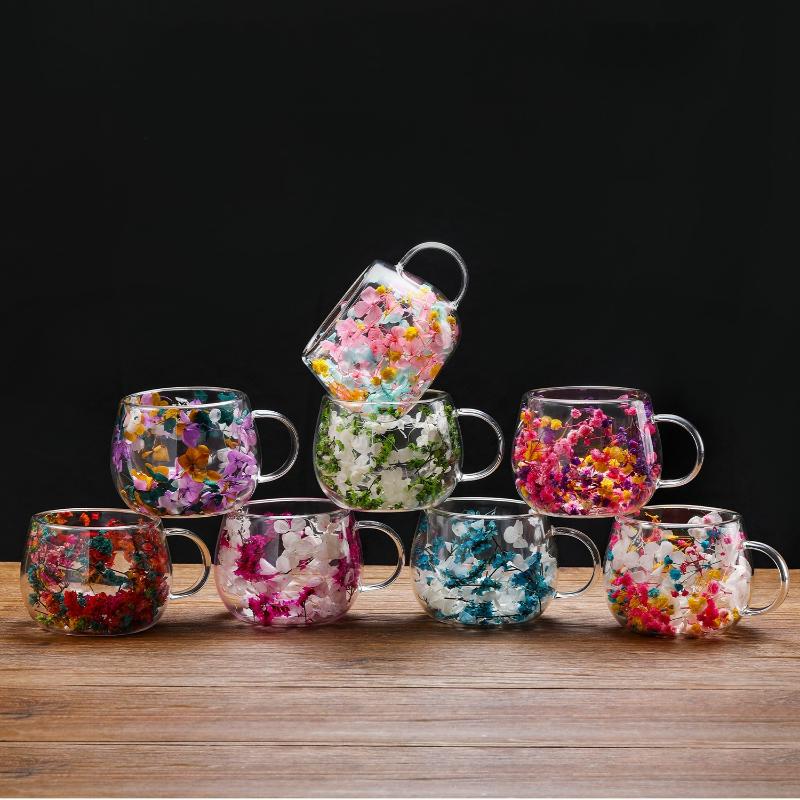 1Pcs Dried Flower Decorative Milk Tea Cup 150/300Ml Double-Layer Dried Flower Glass Cup High Temperature Resistant Coffee Cup