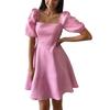 Elegantes Sommer-Kurzkleid mit quadratischem Ausschnitt für Damen, Puff-Kurzarm, einfarbig, Partykleider 2023, Rüschen A-Linien Abschlussballkleid 26216